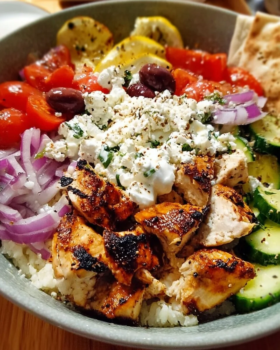 Delicious Greek Chicken Bowl with fresh vegetables, feta cheese, and olives
