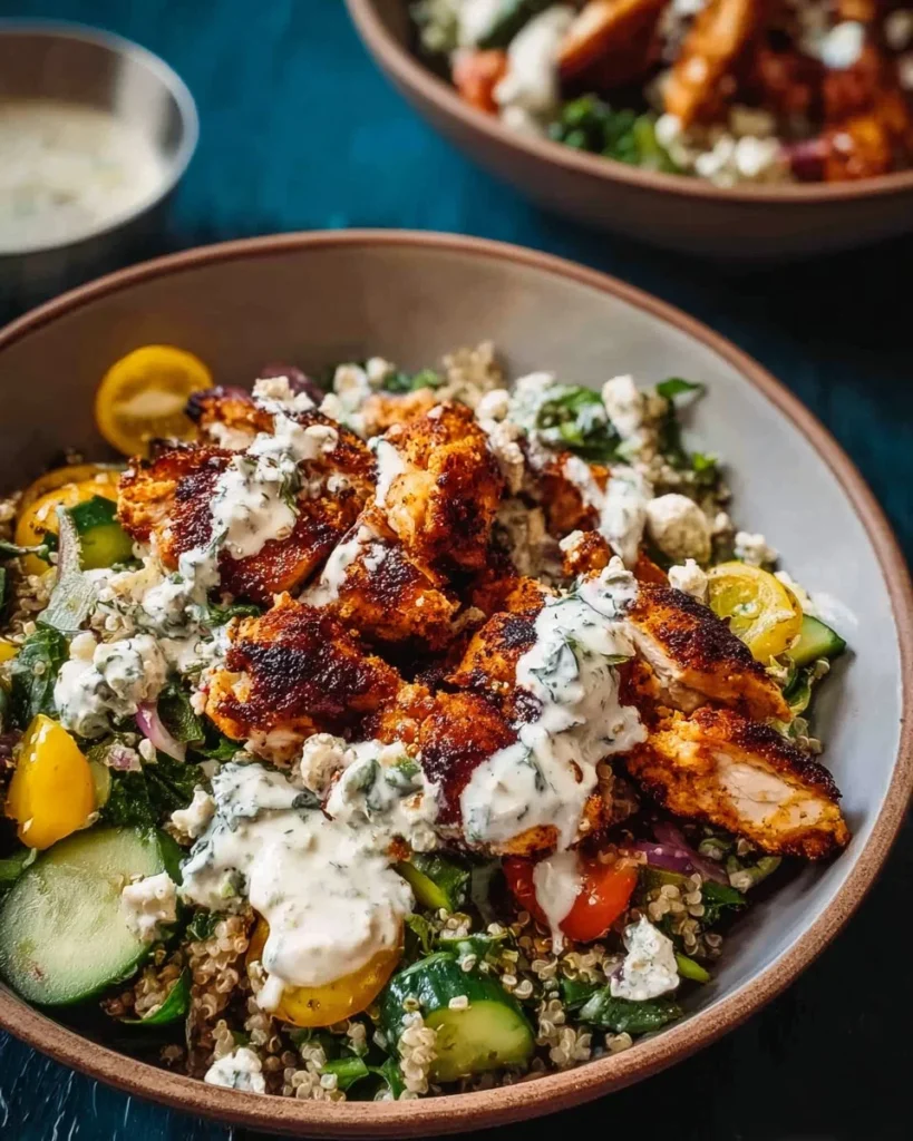 Healthy Greek Chicken Bowls topped with Tahini Feta Sauce