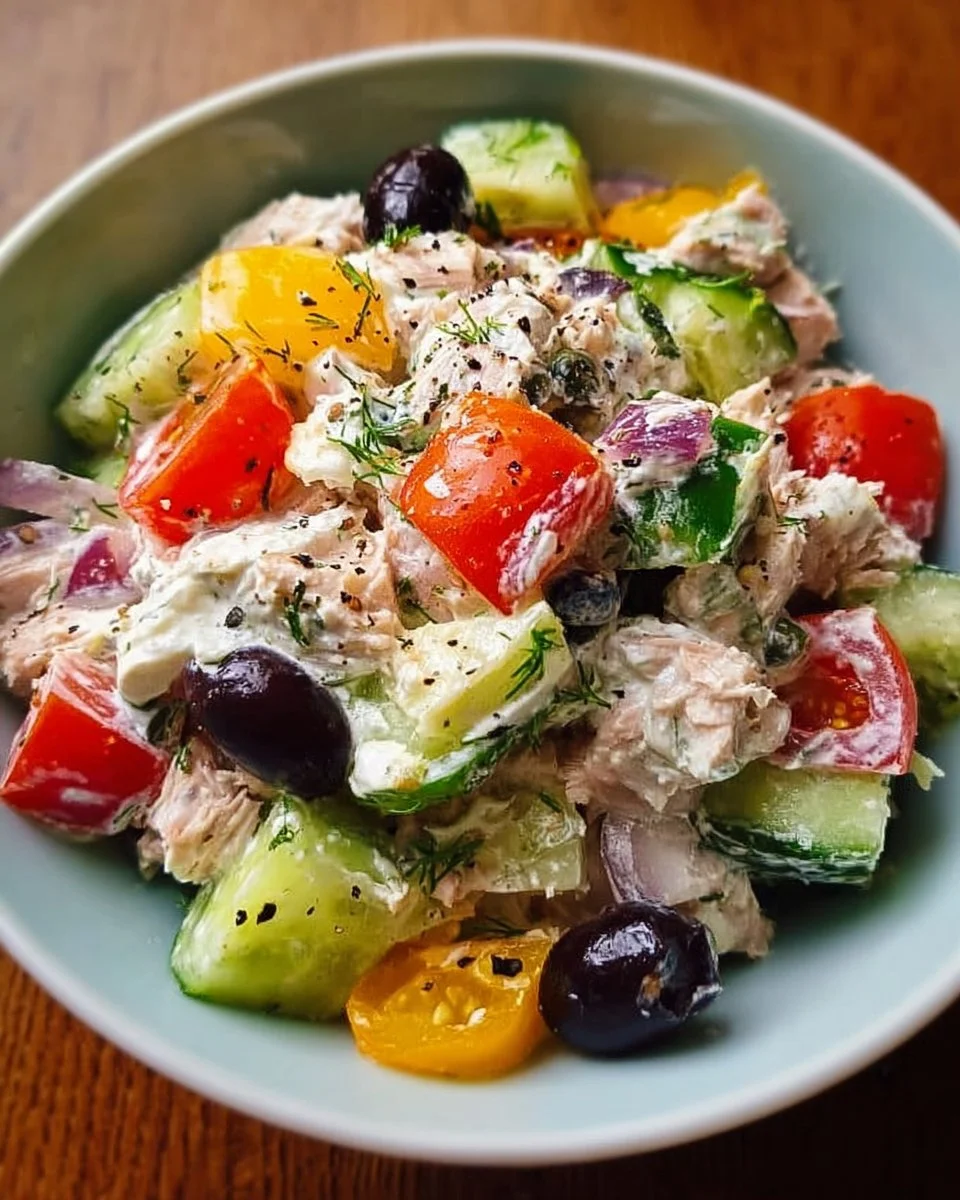 Greek Yogurt Mediterranean Tuna Salad with fresh vegetables and herbs