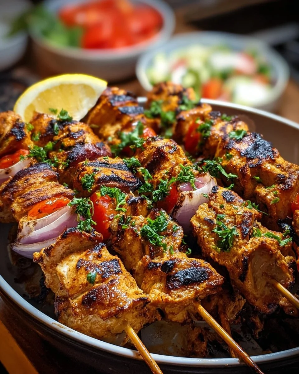 Delicious grilled chicken skewers on a platter with vibrant vegetables.