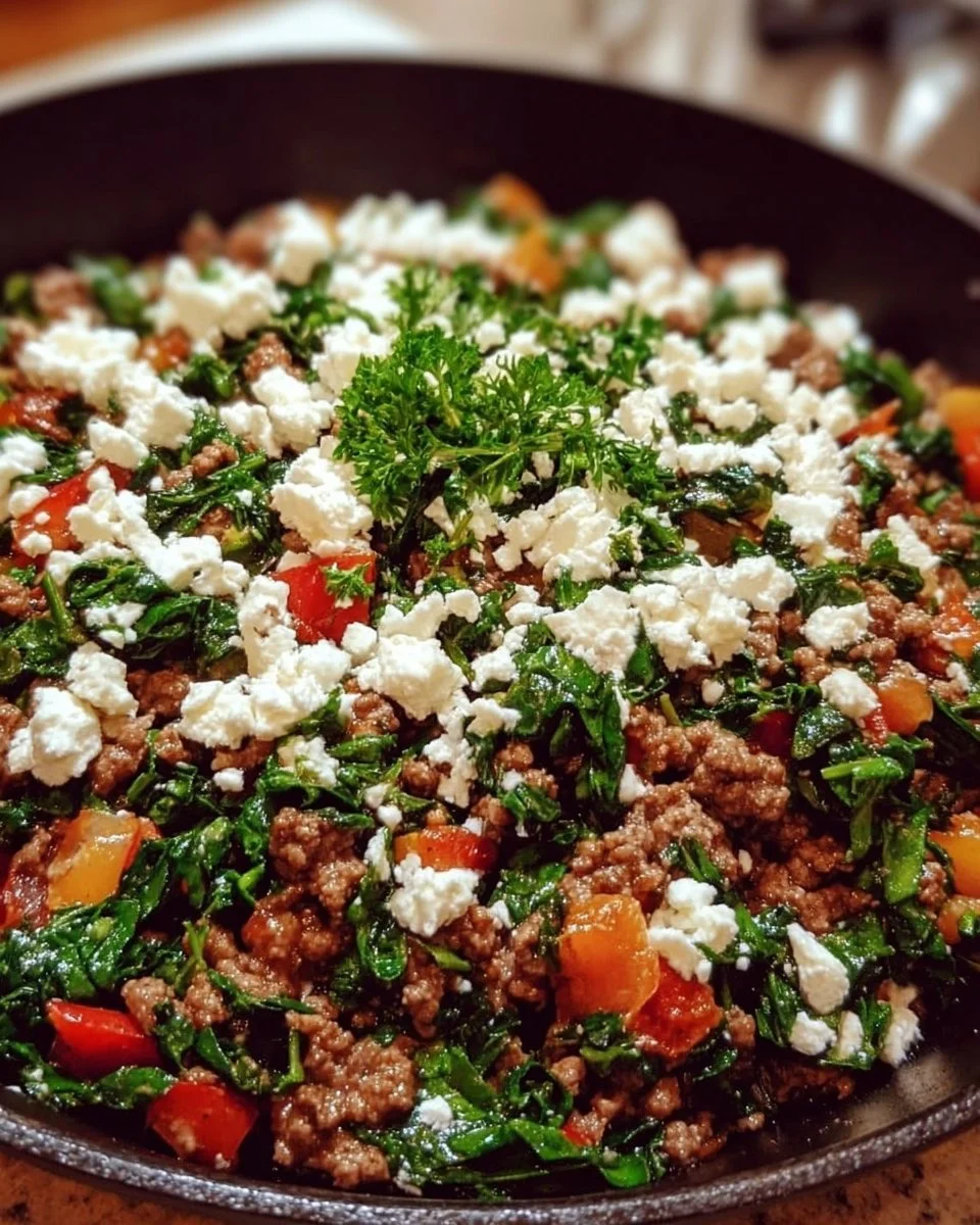Ground beef and spinach skillet topped with feta cheese