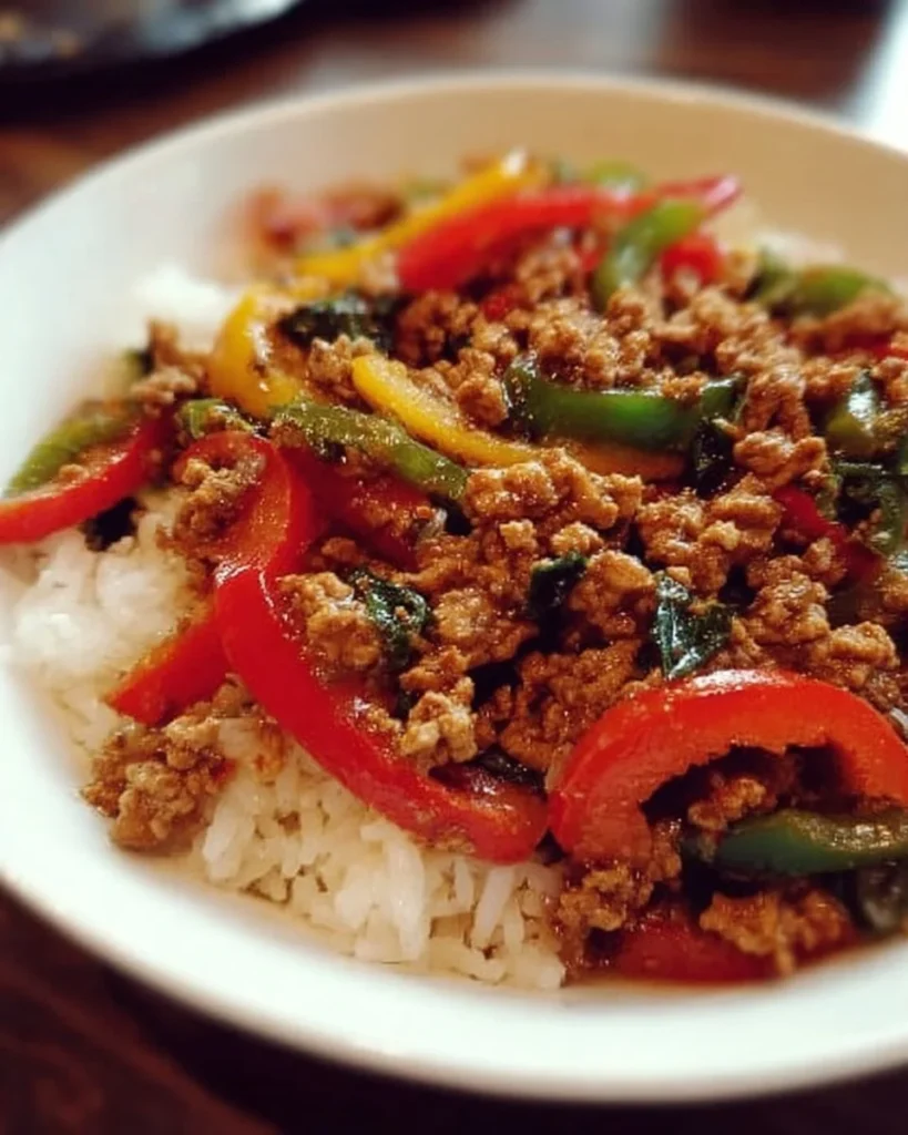 Ground turkey and peppers stir-fry served in a bowl with fresh vegetables