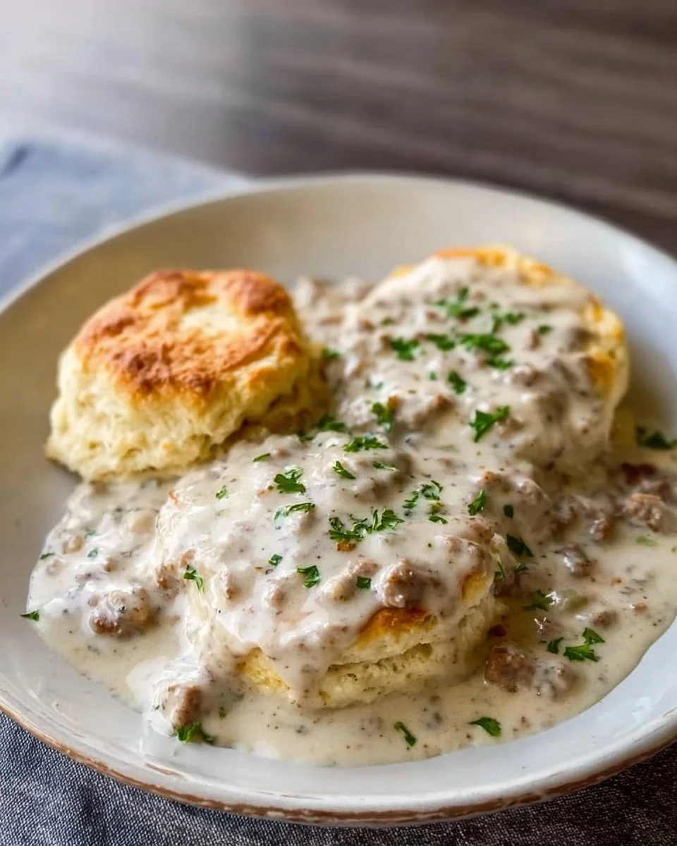 Delicious Halal Biscuits served with rich gravy on a white plate