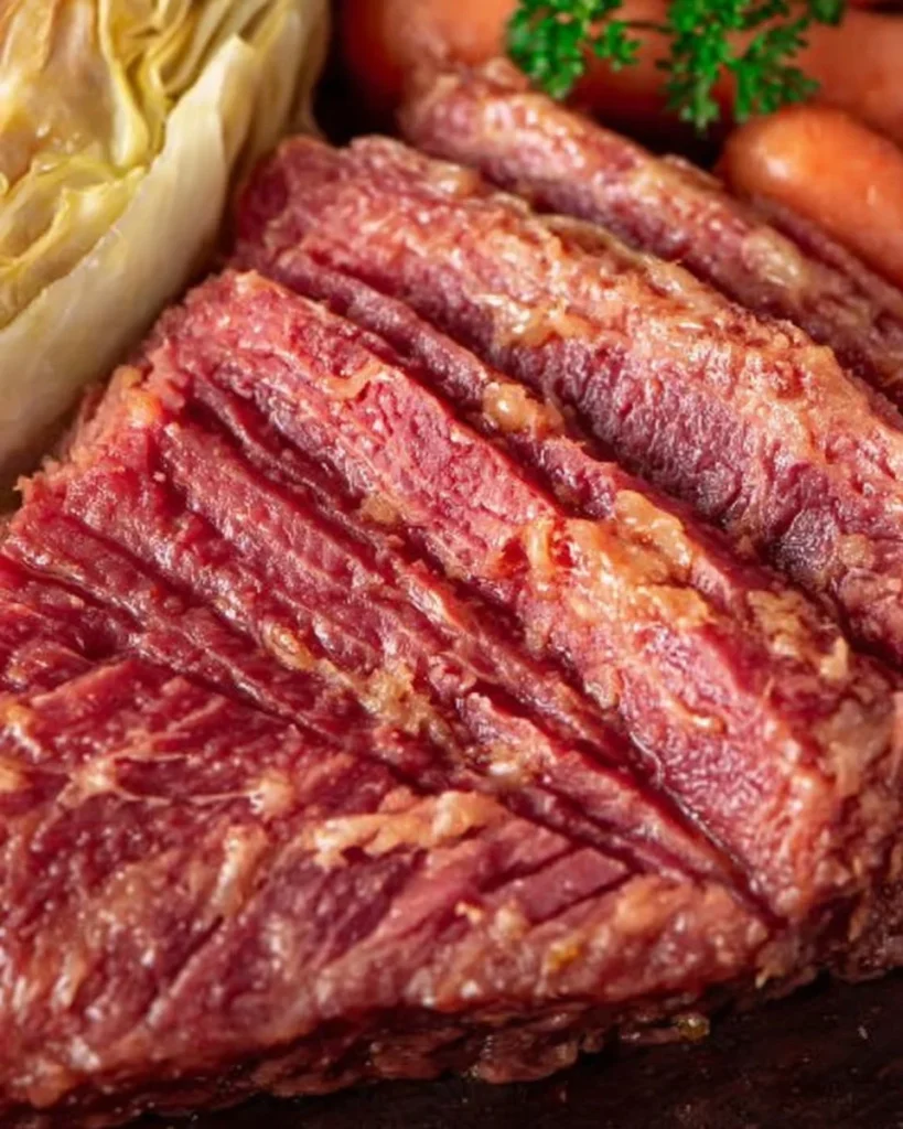 Plate of Halal Corned Beef and Cabbage garnished with herbs