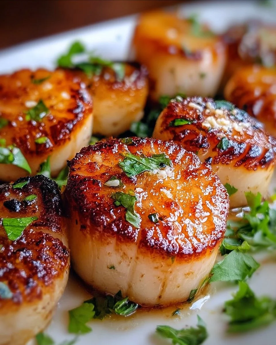 Delicious healthy cast iron pan seared scallops served on a plate