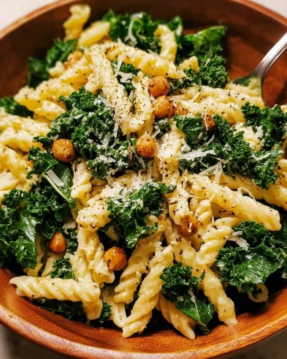 Healthy Kale Caesar Pasta Salad served in a bowl with fresh ingredients