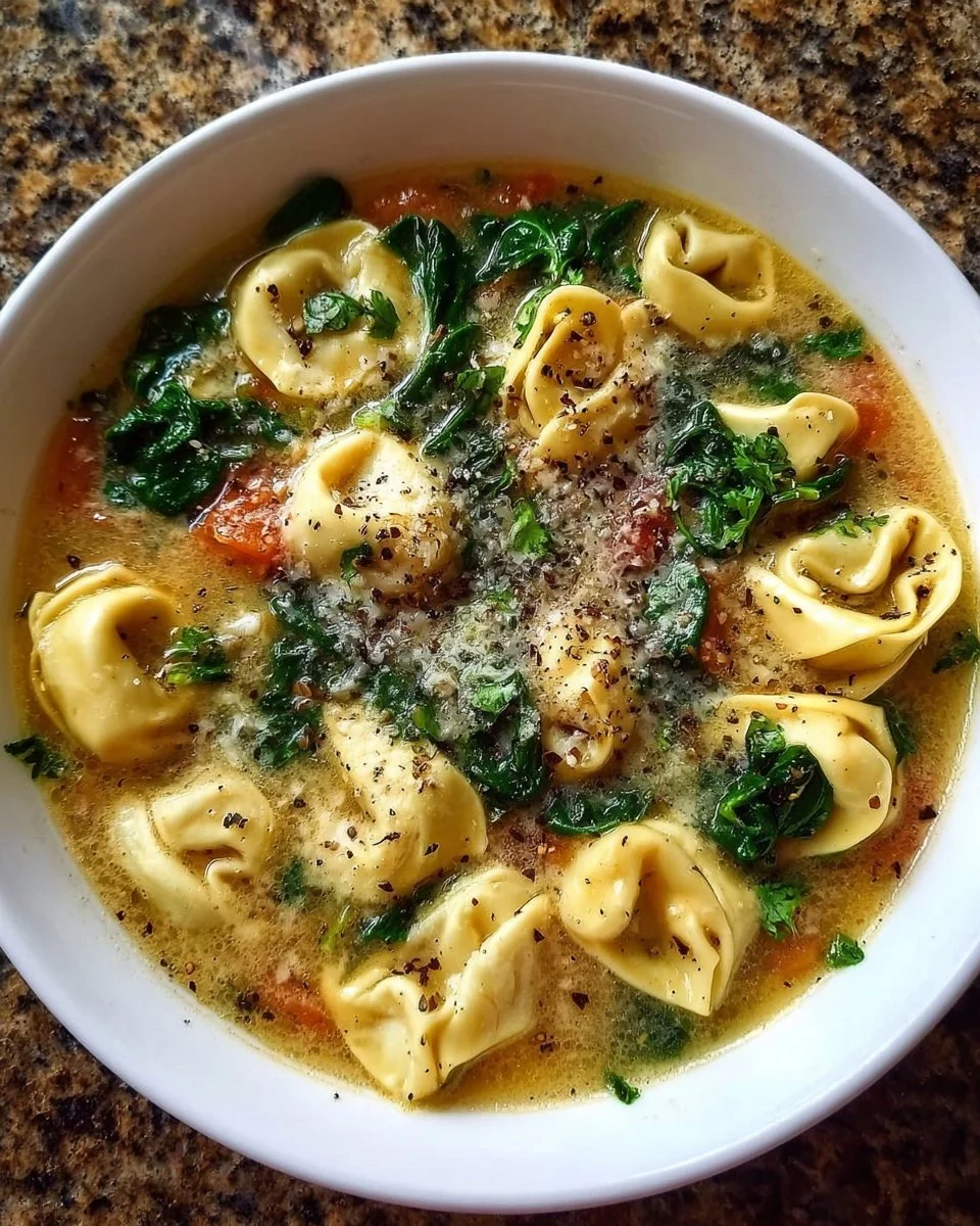 Healthy tortellini soup with vegetables in a bowl
