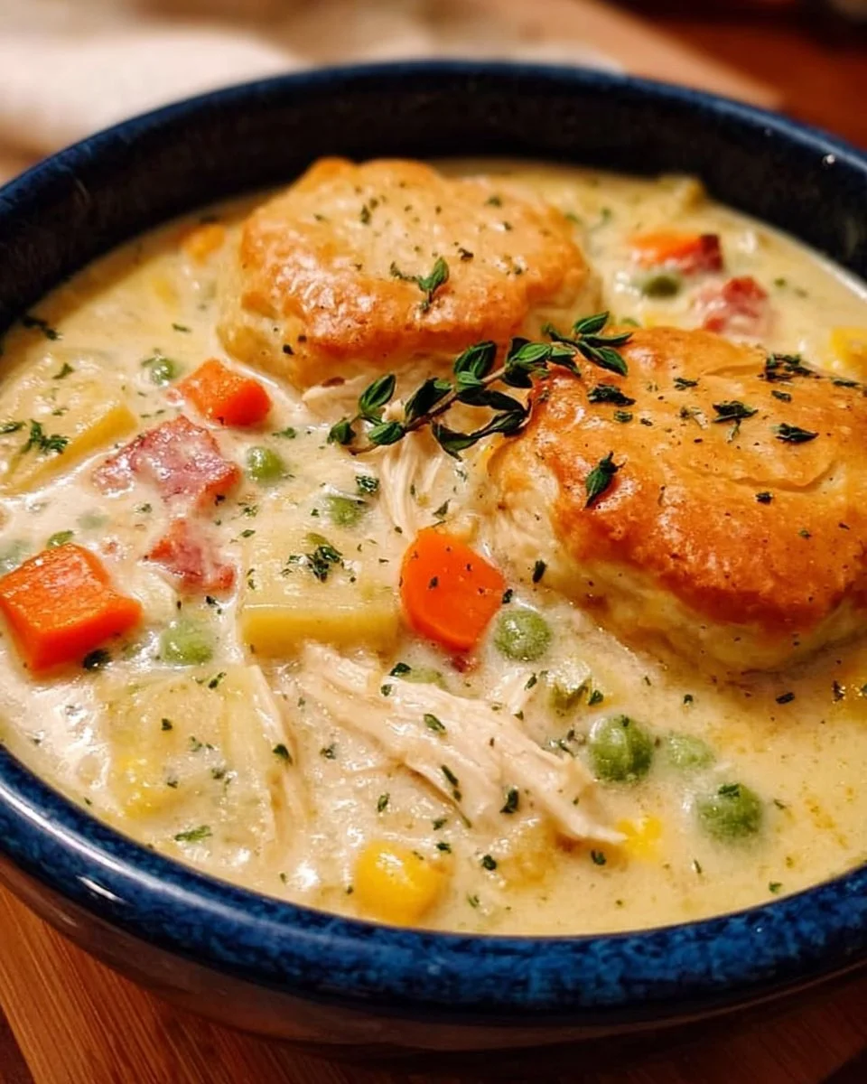 A comforting bowl of hearty chicken pot pie soup with vegetables and flaky crust