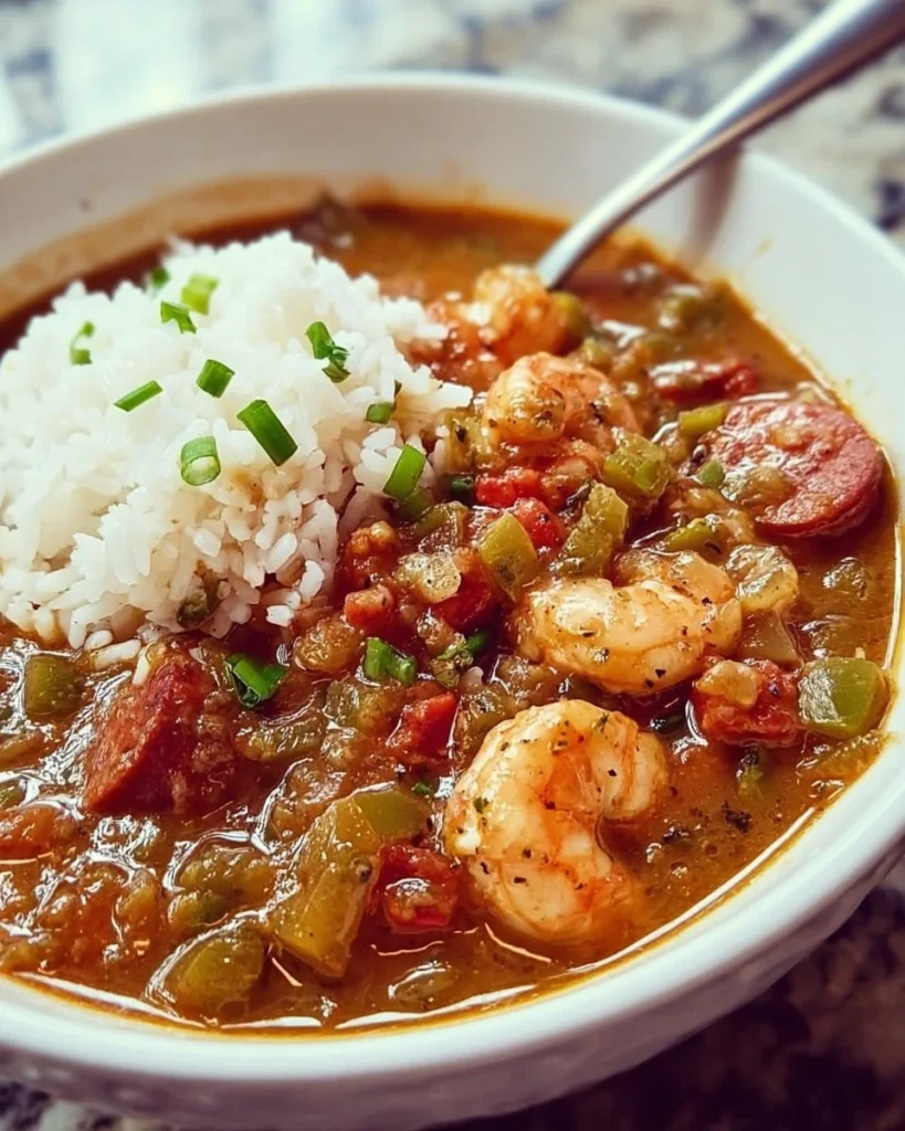 Bowl of hearty Creole Gumbo with seafood and spices