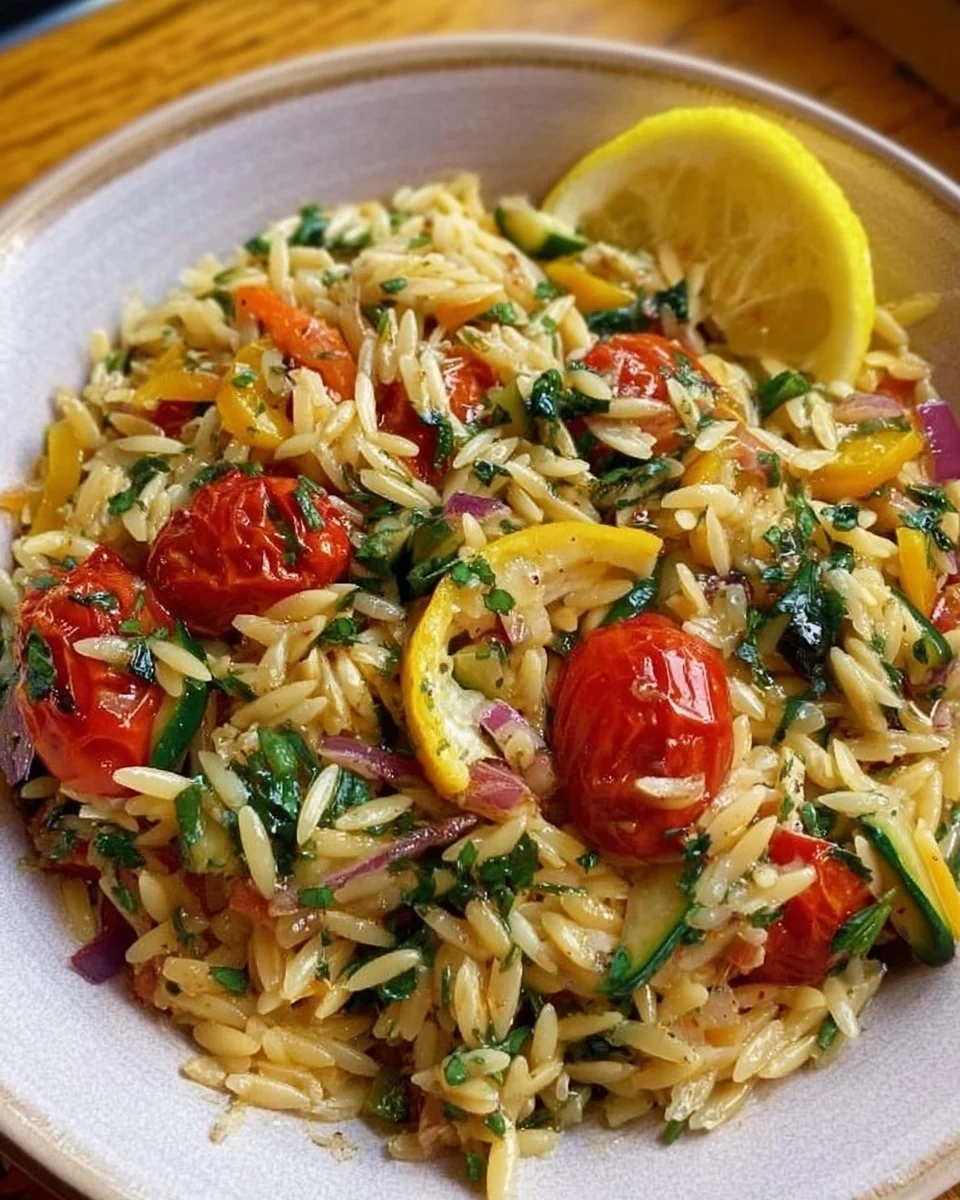 Hearty Mediterranean Lemon-Orzo Dinner served with fresh herbs and vegetables