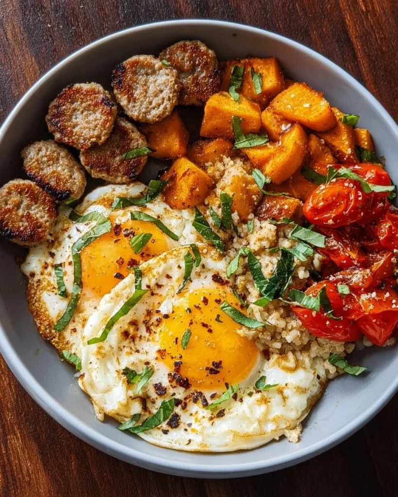 High-protein breakfast bowl with turkey sausage and eggs, healthy morning meal