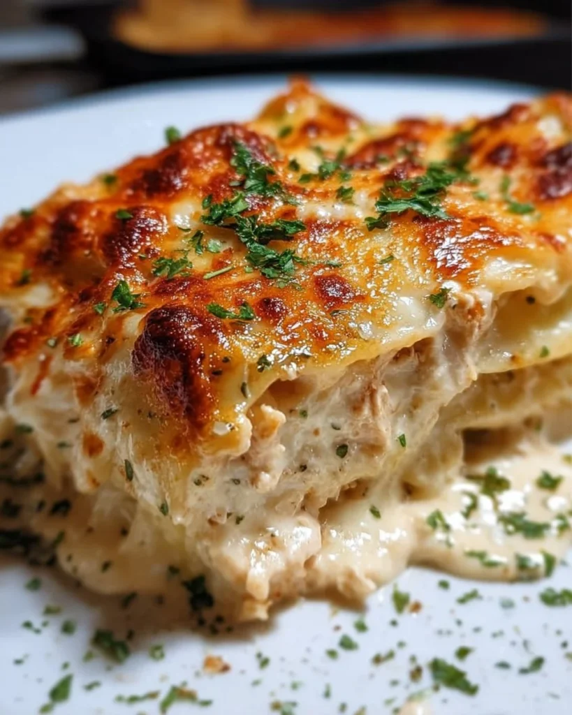 Delicious High Protein Keto Chicken Alfredo Lasagna dish on a plate