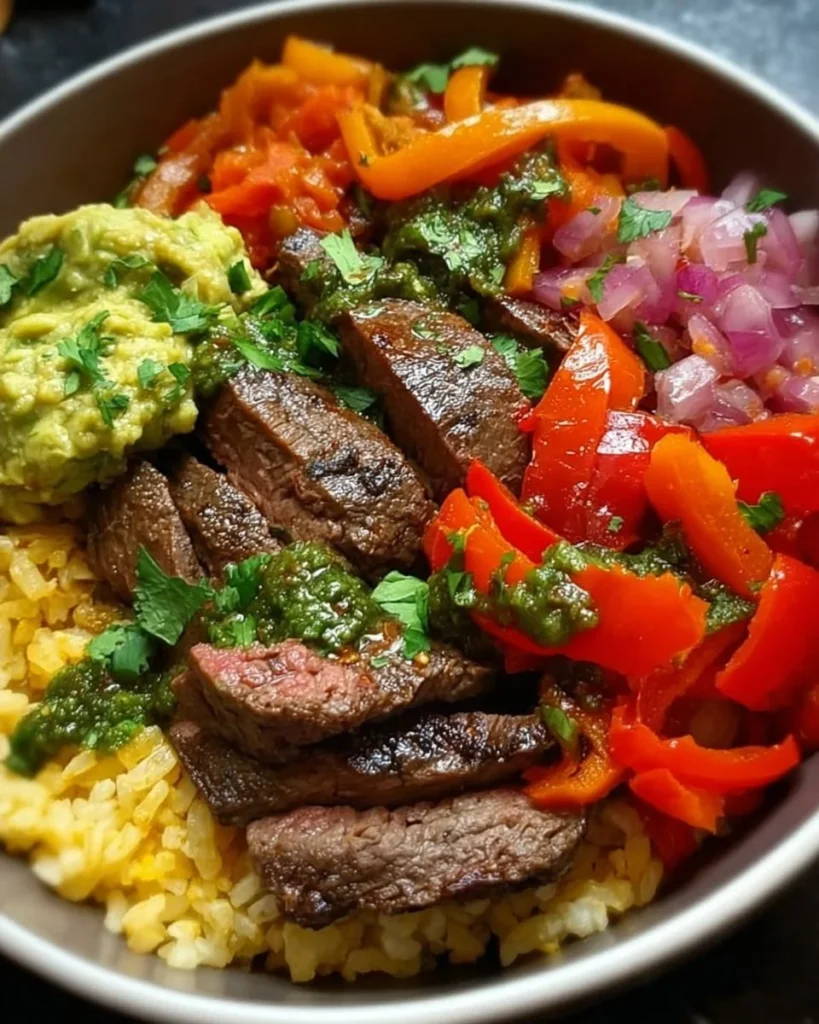 High protein steak fajita bowl with colorful vegetables and seasonings