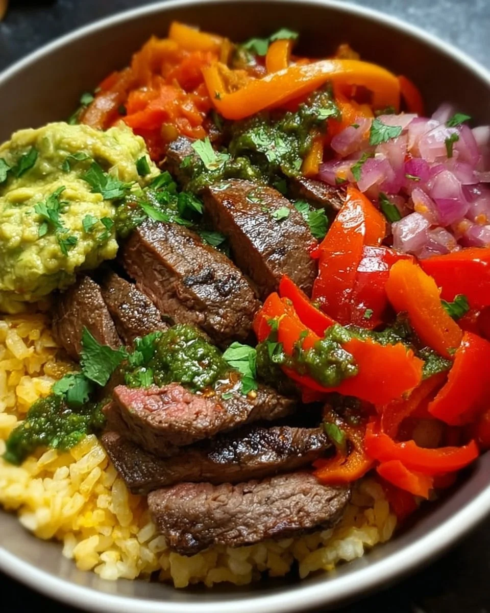 High protein steak fajita bowl with colorful vegetables and seasonings