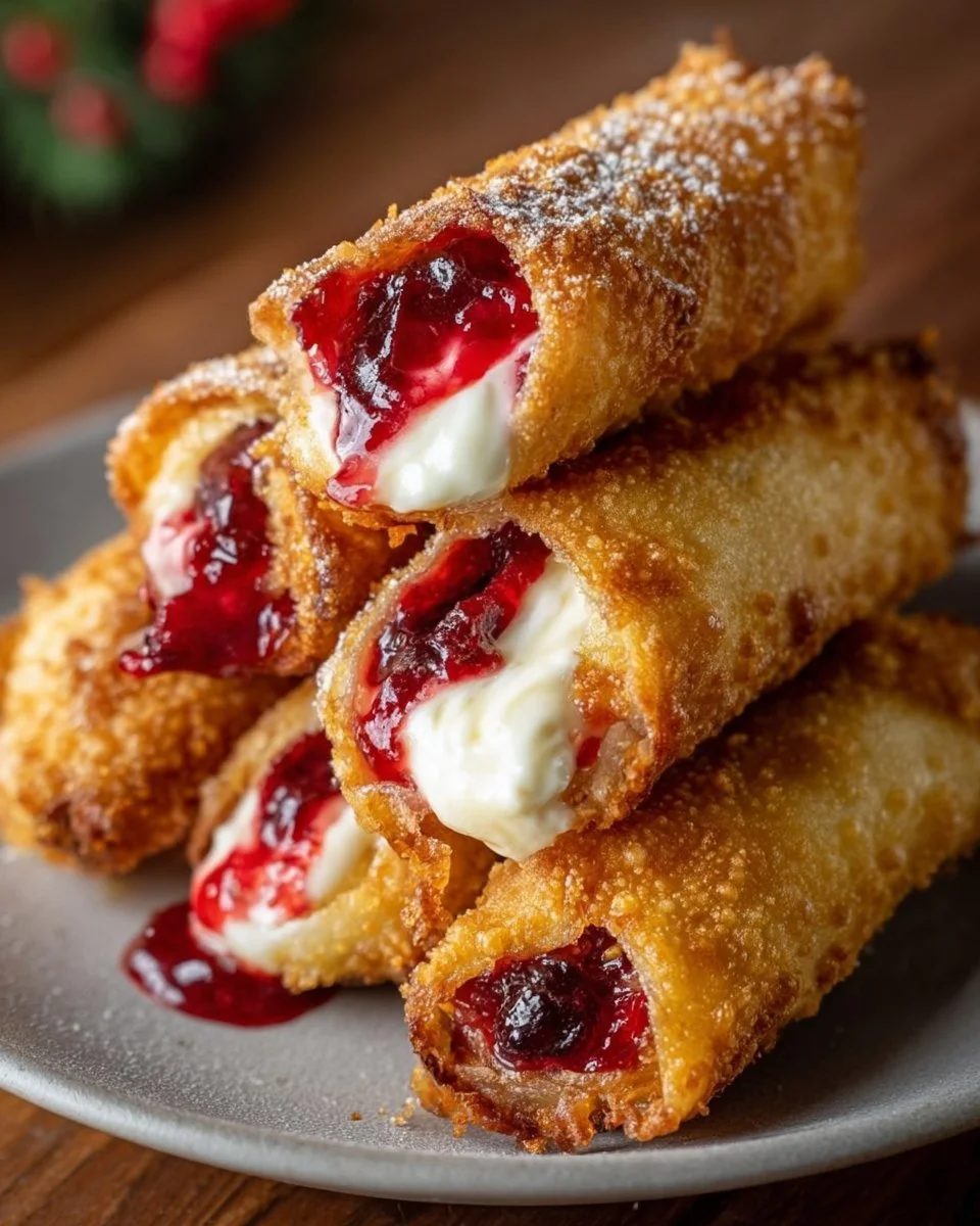 Delicious homemade air fryer cherry cheesecake egg rolls stacked on a plate