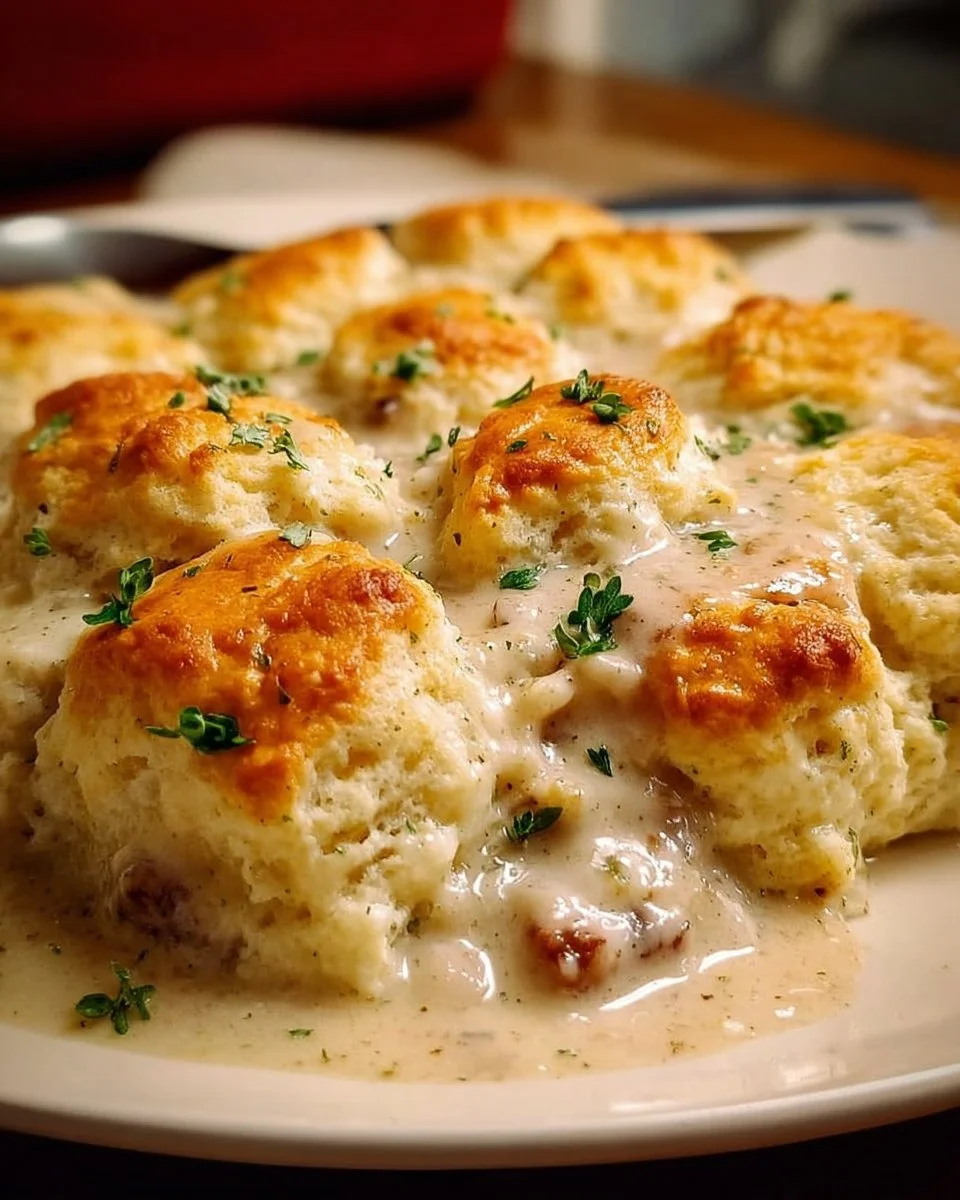 Delicious homemade biscuits and gravy casserole served on a plate