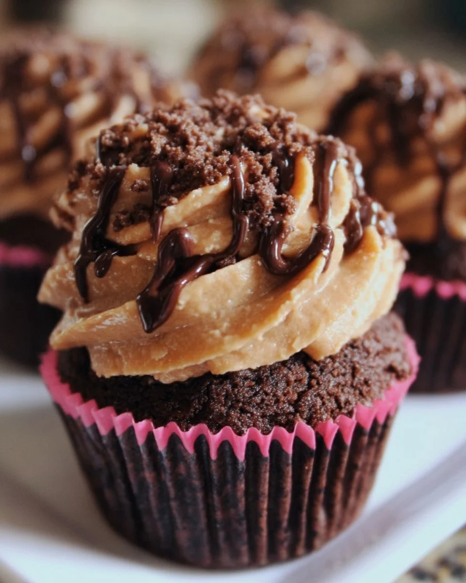 Homemade chocolate cupcakes topped with cookie dough and frosting