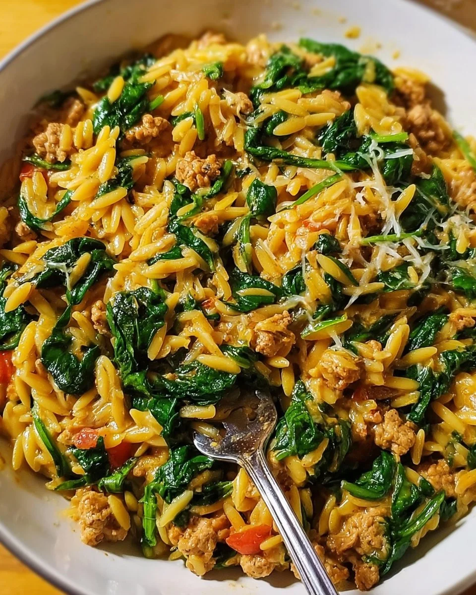 Homemade ground turkey spinach orzo recipe with fresh ingredients and herbs