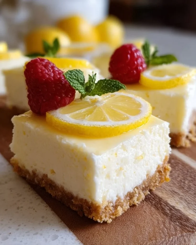 Homemade no-bake lemon cheesecake bars on a plate with lemon slices