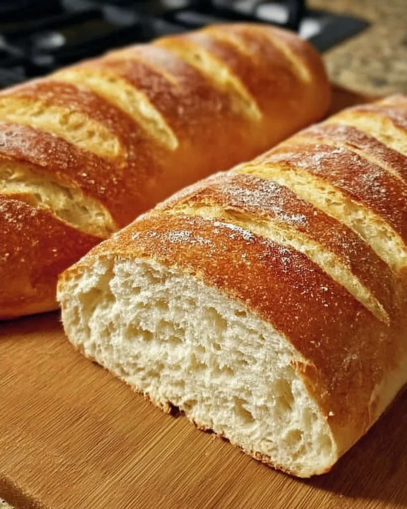Loaf of homemade sourdough French bread on a wooden cutting board