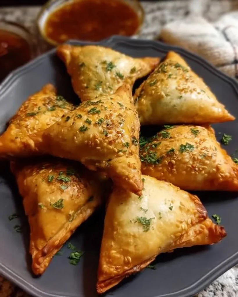 Plate of homemade vegetable samosas garnished with mint chutney