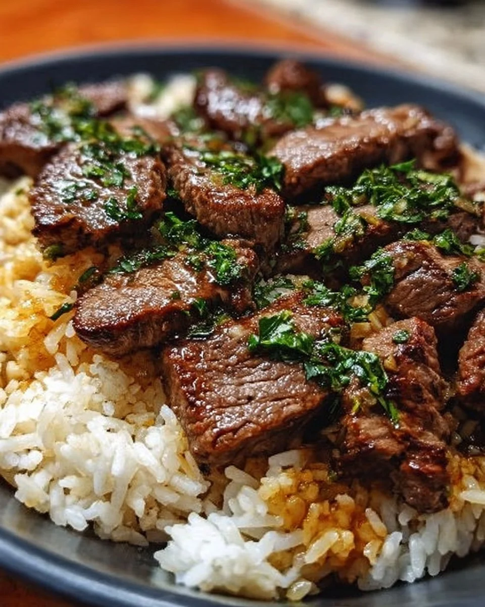Delicious Honey Garlic Butter Steak served on a skillet with rice
