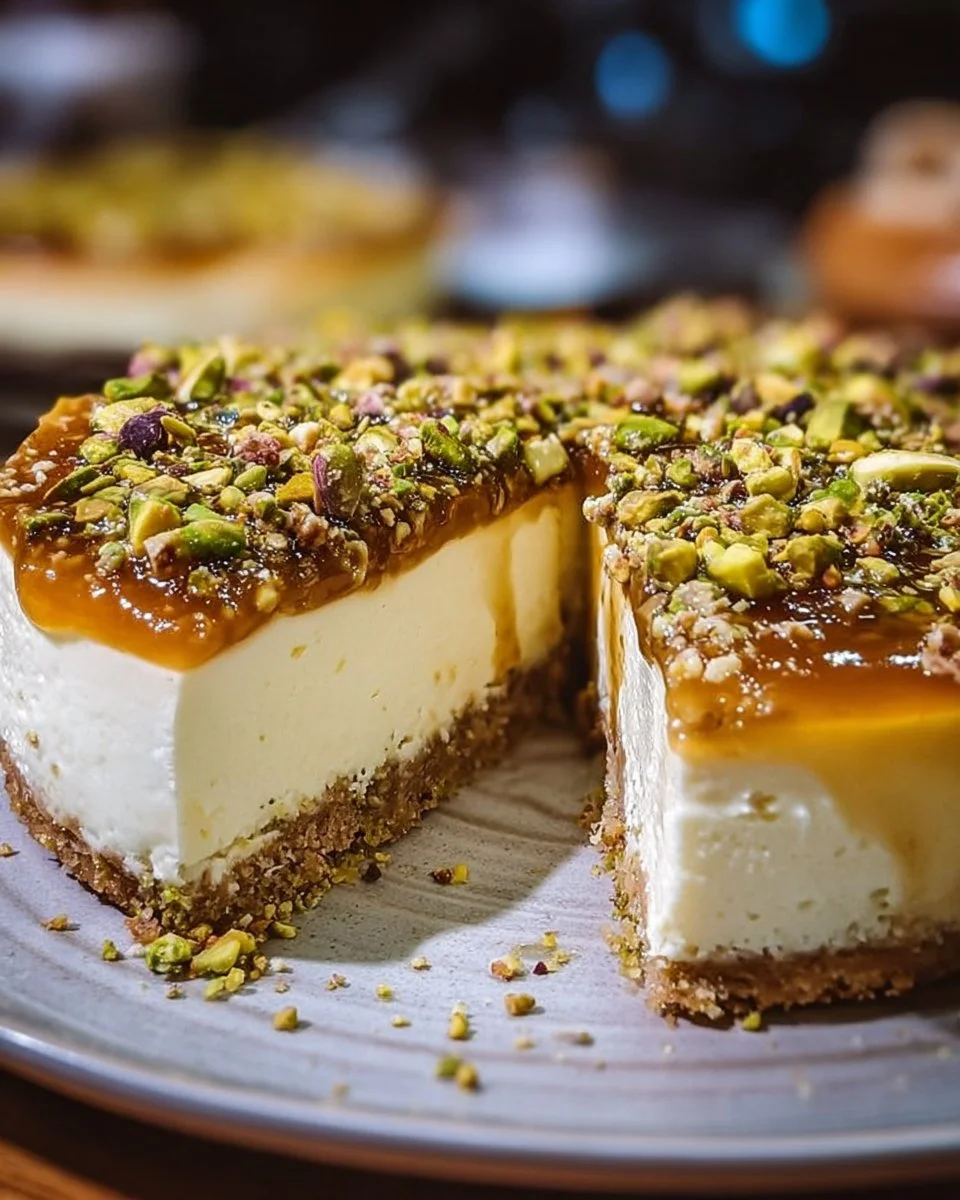 Delicious Honey Pistachio Baklava Cheesecake topped with nuts and honey.