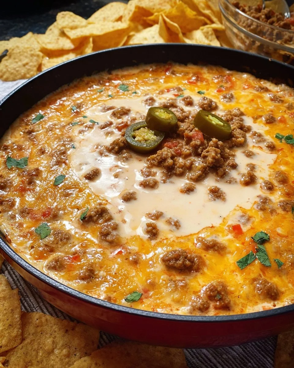 Delicious hot cheesy sausage dip served in a bowl with tortilla chips.