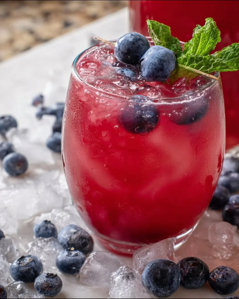 Delicious iced blueberry green tea in a glass with fresh blueberries.