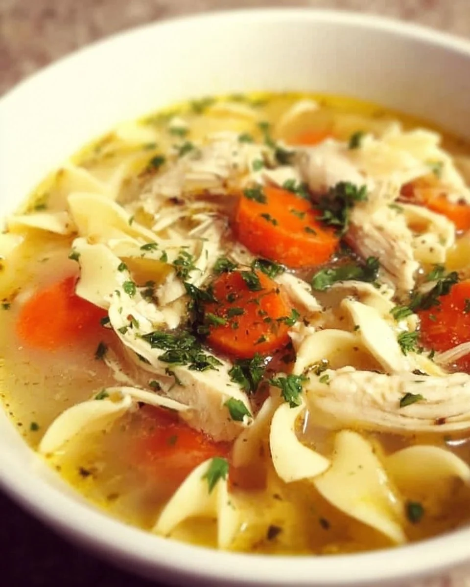 Bowl of Instant Pot chicken noodle soup with vegetables and noodles