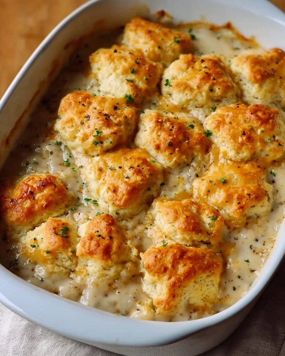 Delicious biscuits and gravy casserole baked to perfection