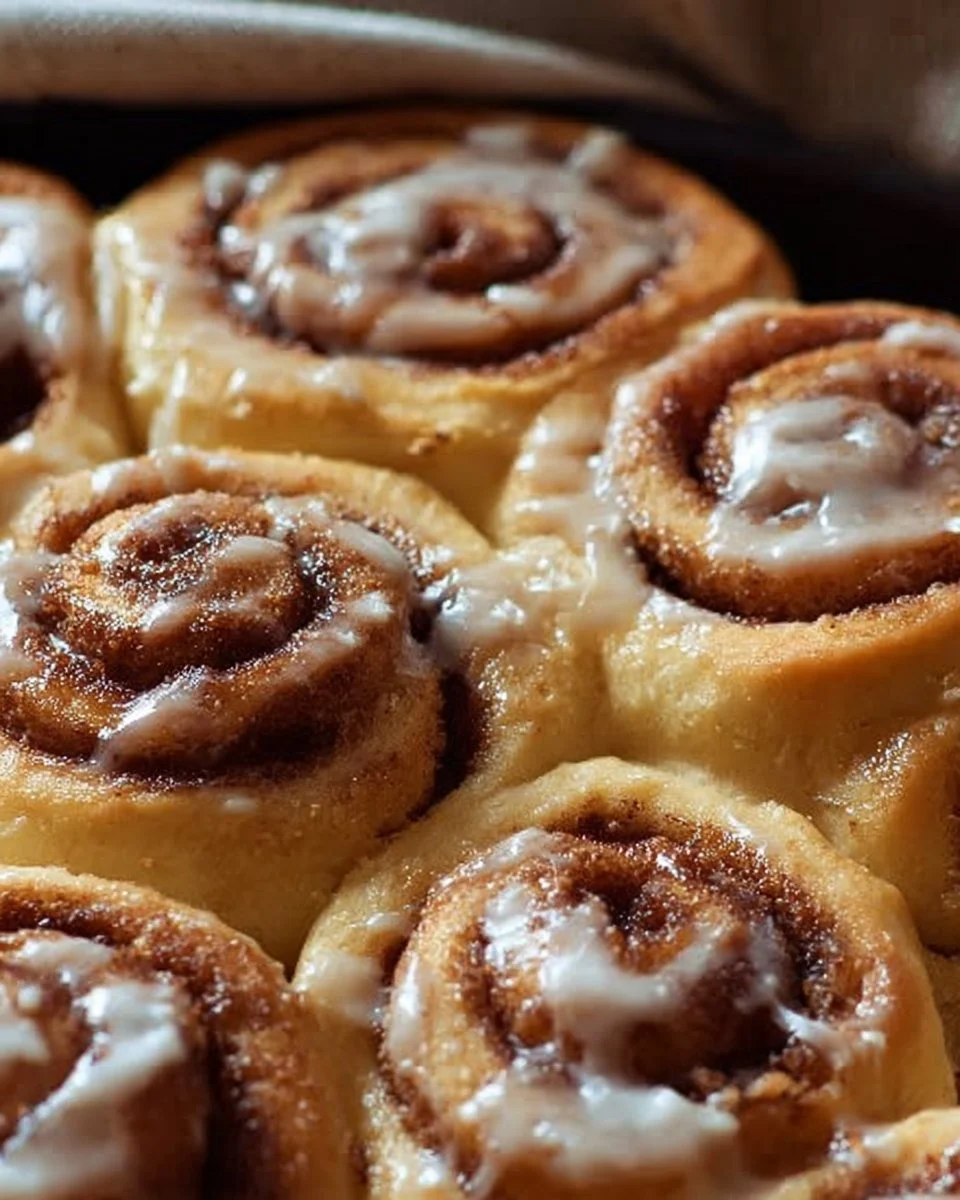 Fluffy sourdough discard cinnamon rolls with icing on a wooden table