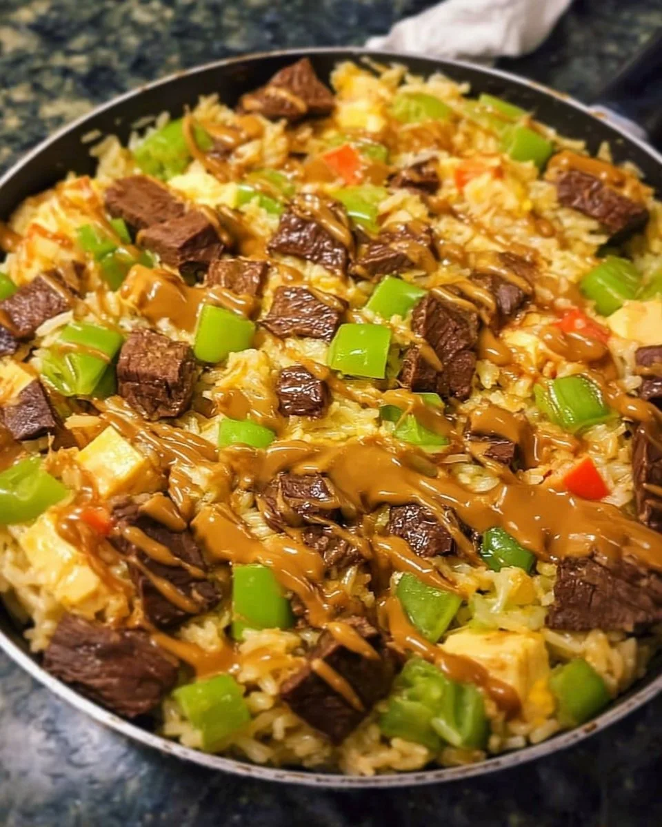 Italian Beef and Rice Skillet garnished with herbs in a frying pan