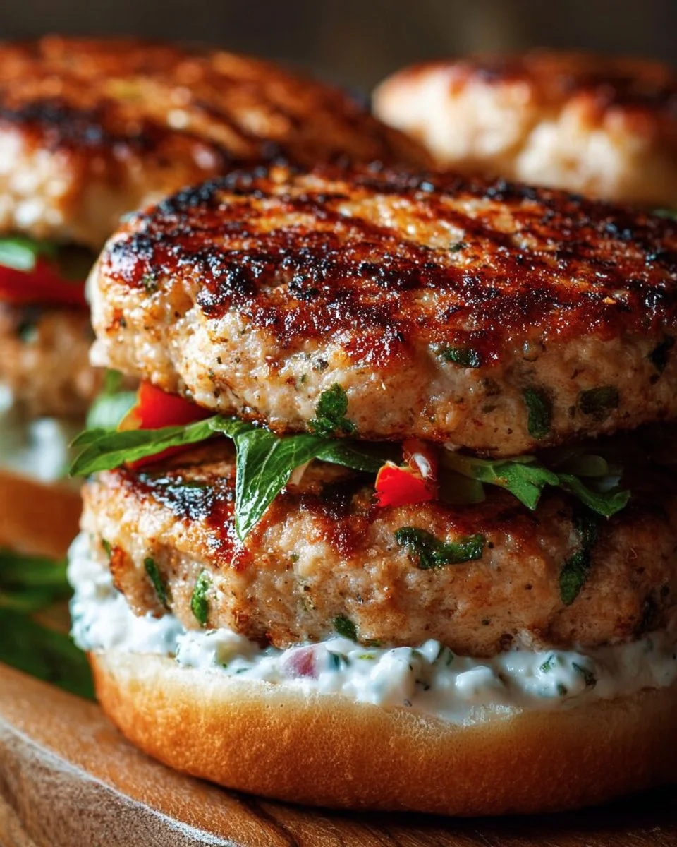 Delicious Greek chicken burgers with tzatziki sauce on a plate