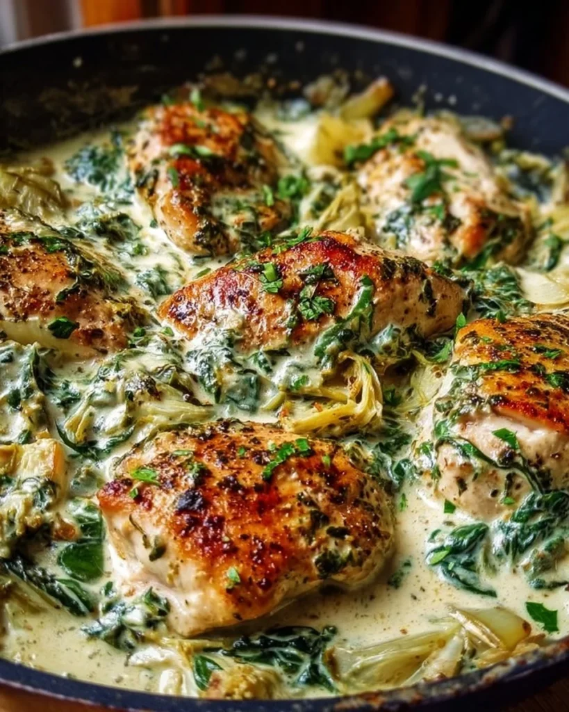 One pan creamy spinach artichoke chicken dish garnished and ready to serve