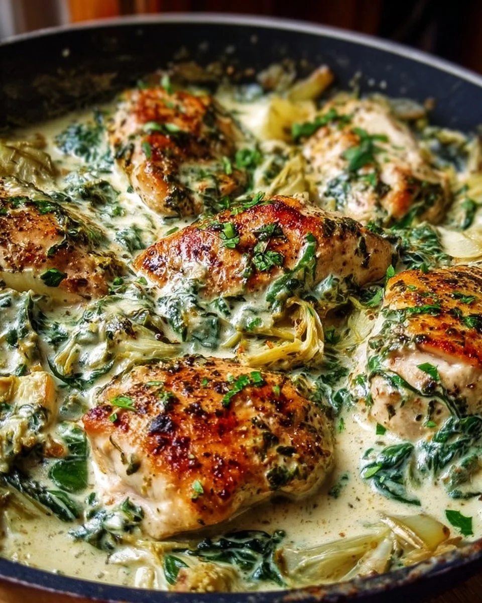 One pan creamy spinach artichoke chicken dish garnished and ready to serve