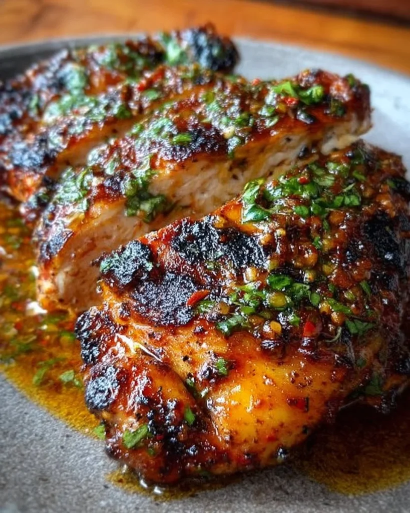 Juicy spicy grilled Cuban chicken served on a plate garnished with herbs