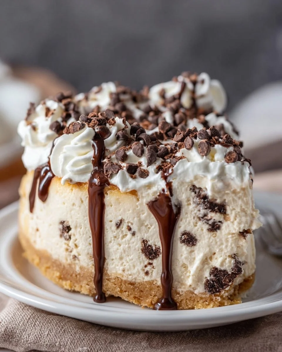 Keto Cannoli Cheesecake topped with chocolate chips and cream