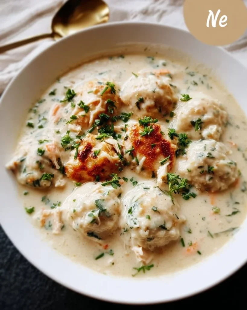Delicious Keto Chicken and Dumplings dish served in a bowl