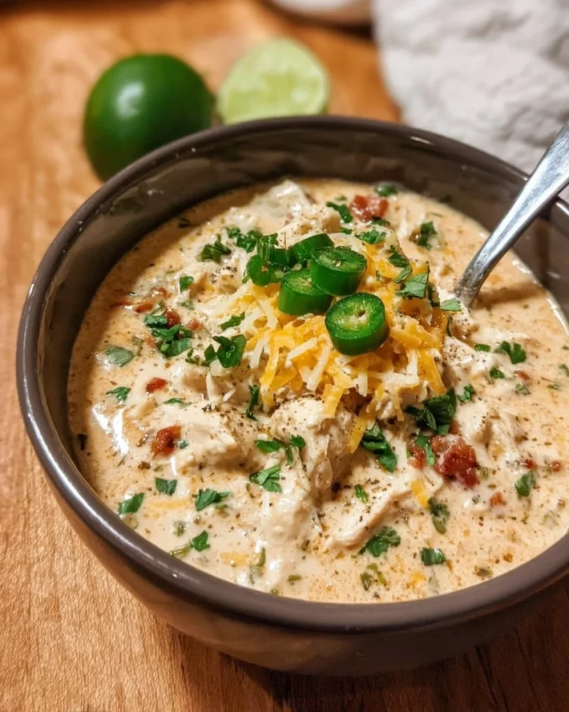 Bowl of Keto Cream Cheese Chicken Chili garnished with herbs and cheese.