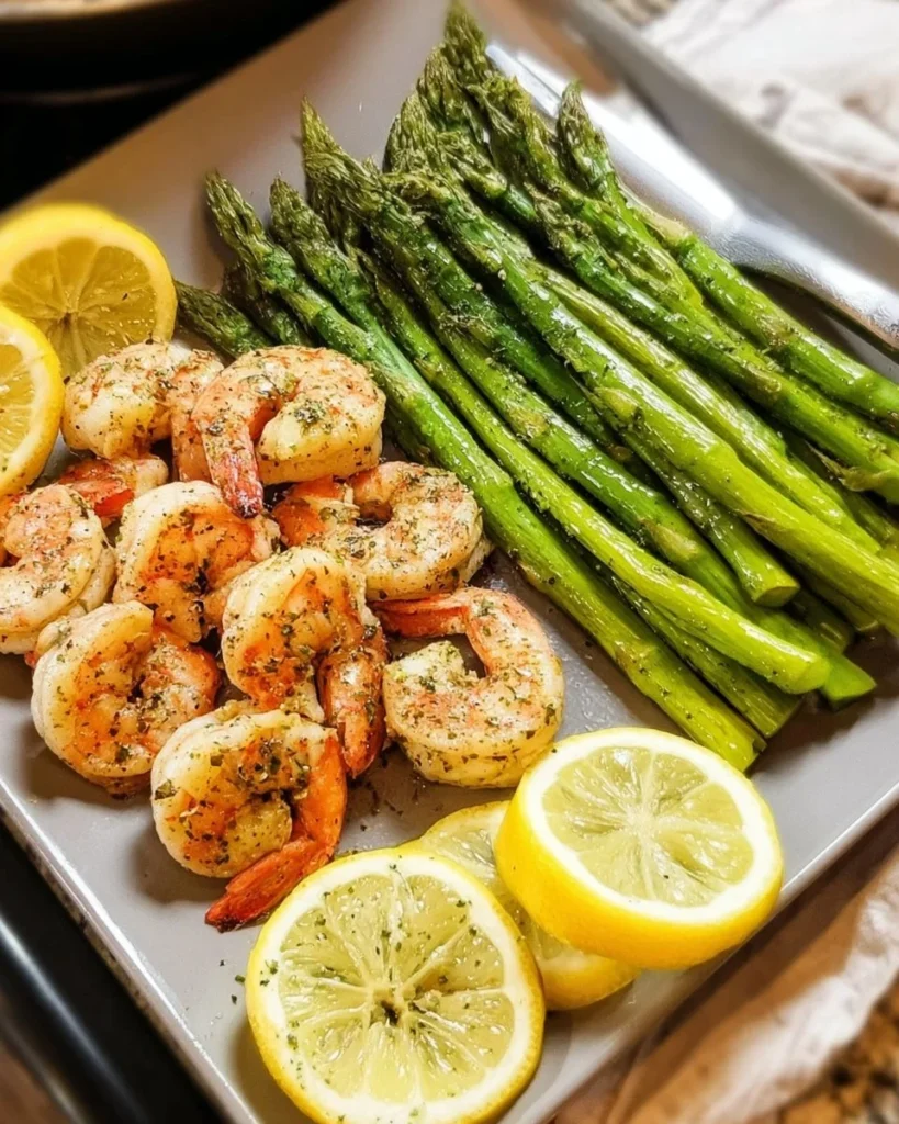 Delicious Keto Lemon Pepper Shrimp served with asparagus on a plate