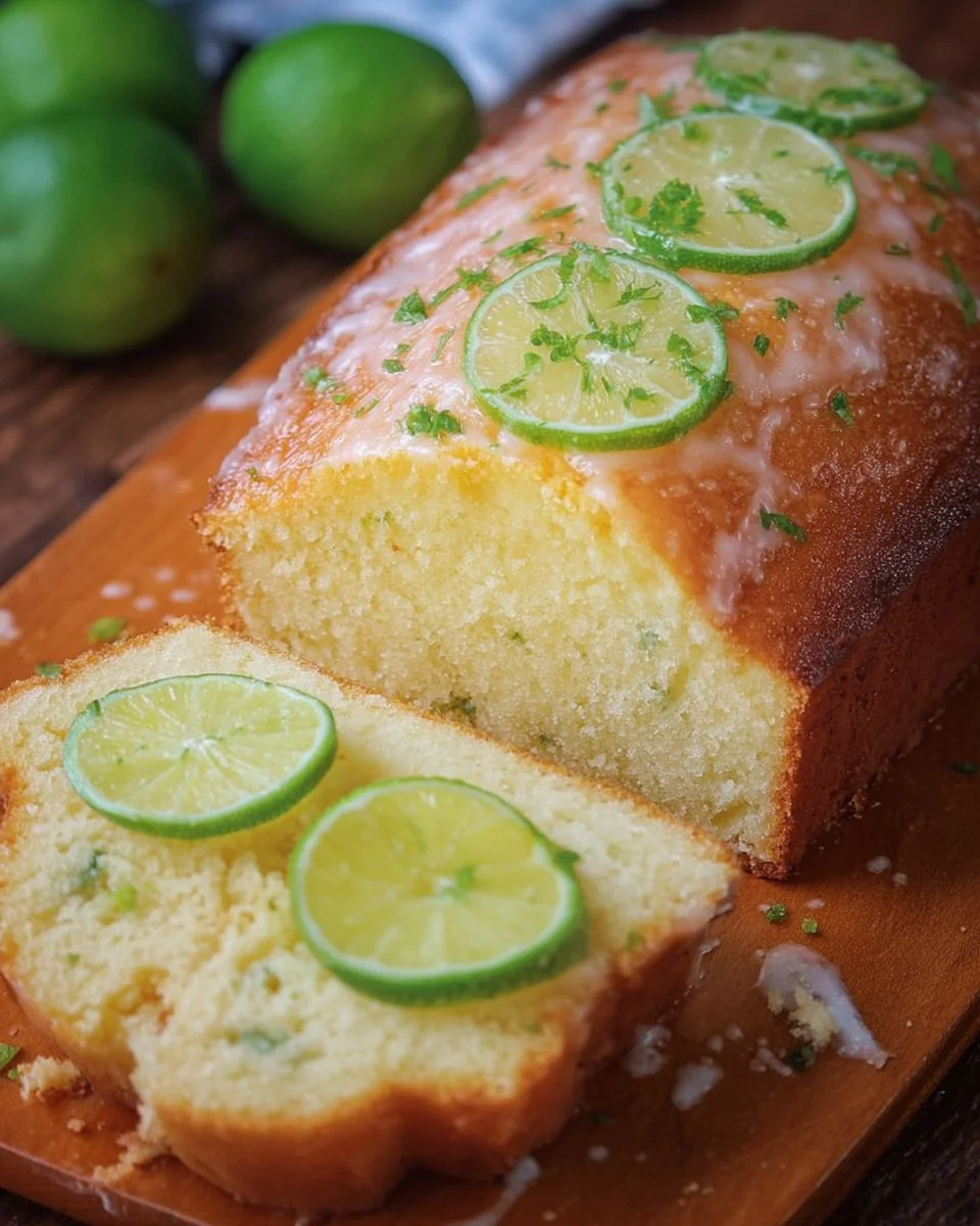 Delicious Key Lime Pound Cake with a slice highlighted on a plate