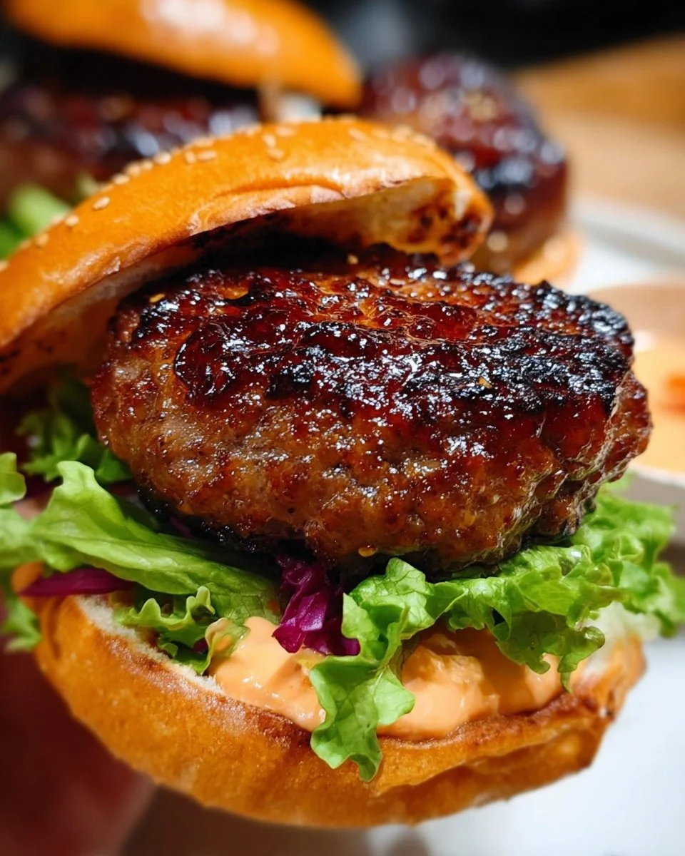 Korean BBQ Burgers with grilled meat and fresh vegetables on a bun