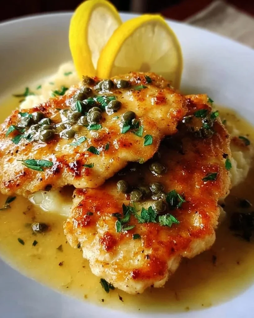 A plate of Lemon Chicken Piccata served with lemon slices and parsley garnish.
