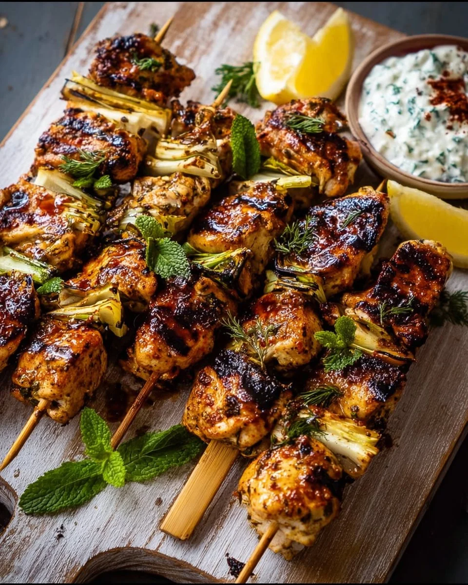 Lemon chicken skewers served with creamy feta sauce on a plate