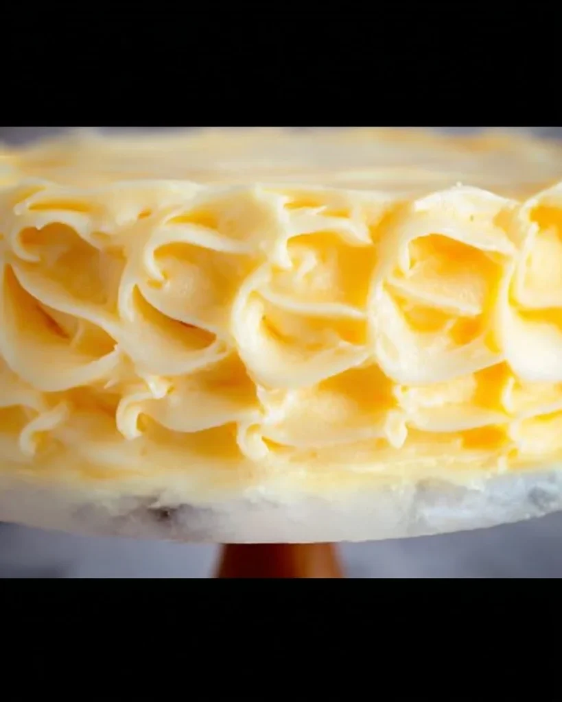 Lemon curd buttercream frosting on a cake slice