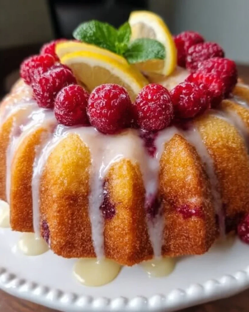Lemon Raspberry Bundt Cake with fresh raspberries and lemon glaze