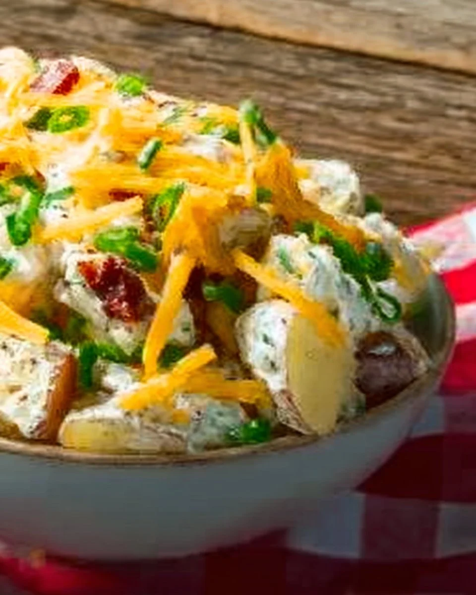 Loaded Baked Potato Salad with toppings like bacon and chives.