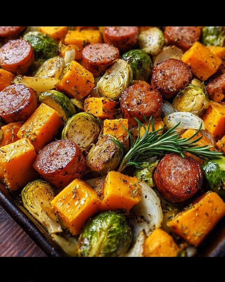 Maple Sheet Pan Chicken with sausage, butternut squash, and Brussels sprouts