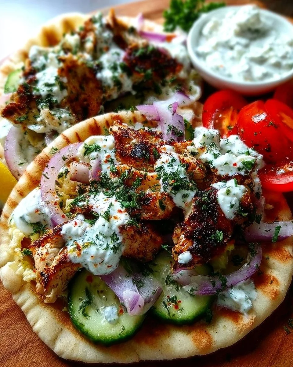 Mediterranean chicken gyros with creamy feta tzatziki sauce served on a plate